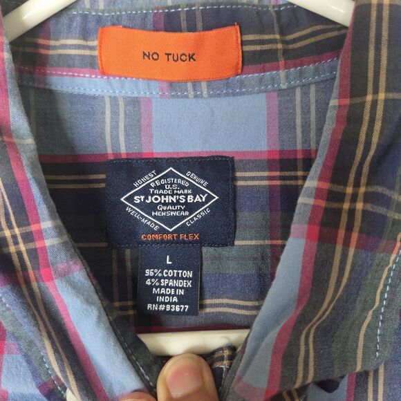 St. John's Bay Comfort Flex No Tuck Button-Down Preppy  Plaid Shirt Men LG Multi - Picture 3 of 8